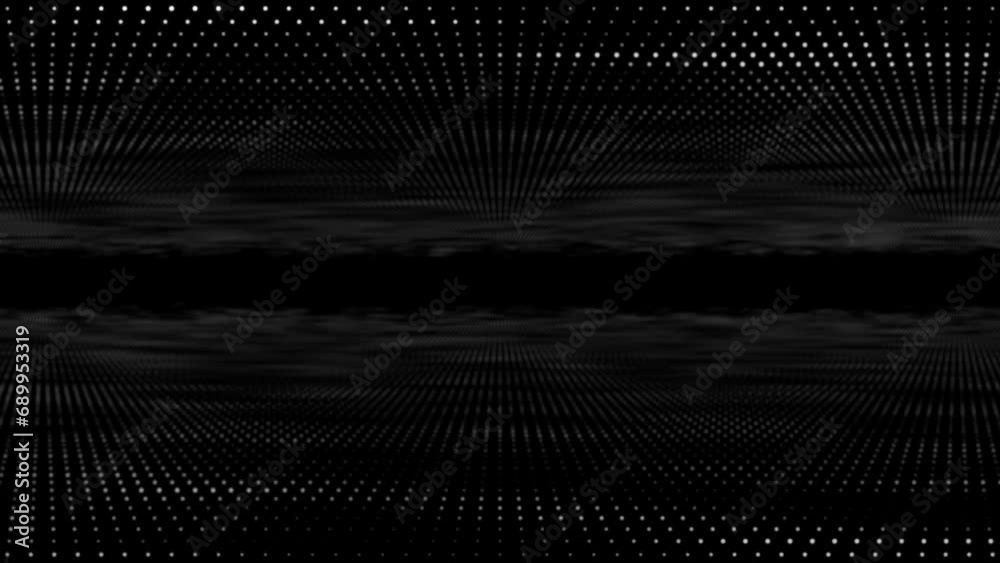 Digital disco dot 3D animation motion graphic tunnel dot glow lighting mirror particles on abstract black background loop visual effect live performance title 4K white grey