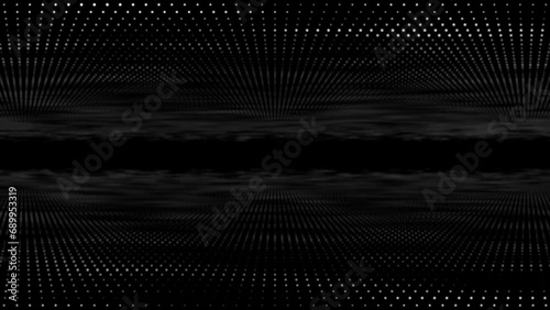 Digital disco dot 3D animation motion graphic tunnel dot glow lighting mirror particles on abstract black background loop visual effect live performance title 4K white grey photo