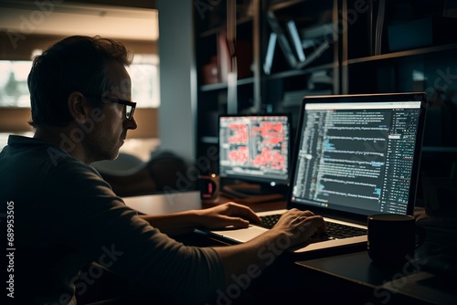 An AI expert developing complex algorithms. His laptop screen is filled with intricate code. generative AI