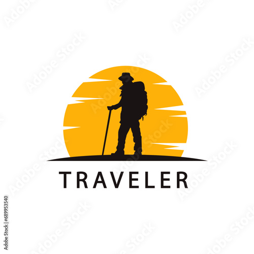 a climber looks at  the beautiful sunset. Travel, tourism, hikes and adventure logos. Vector illustration