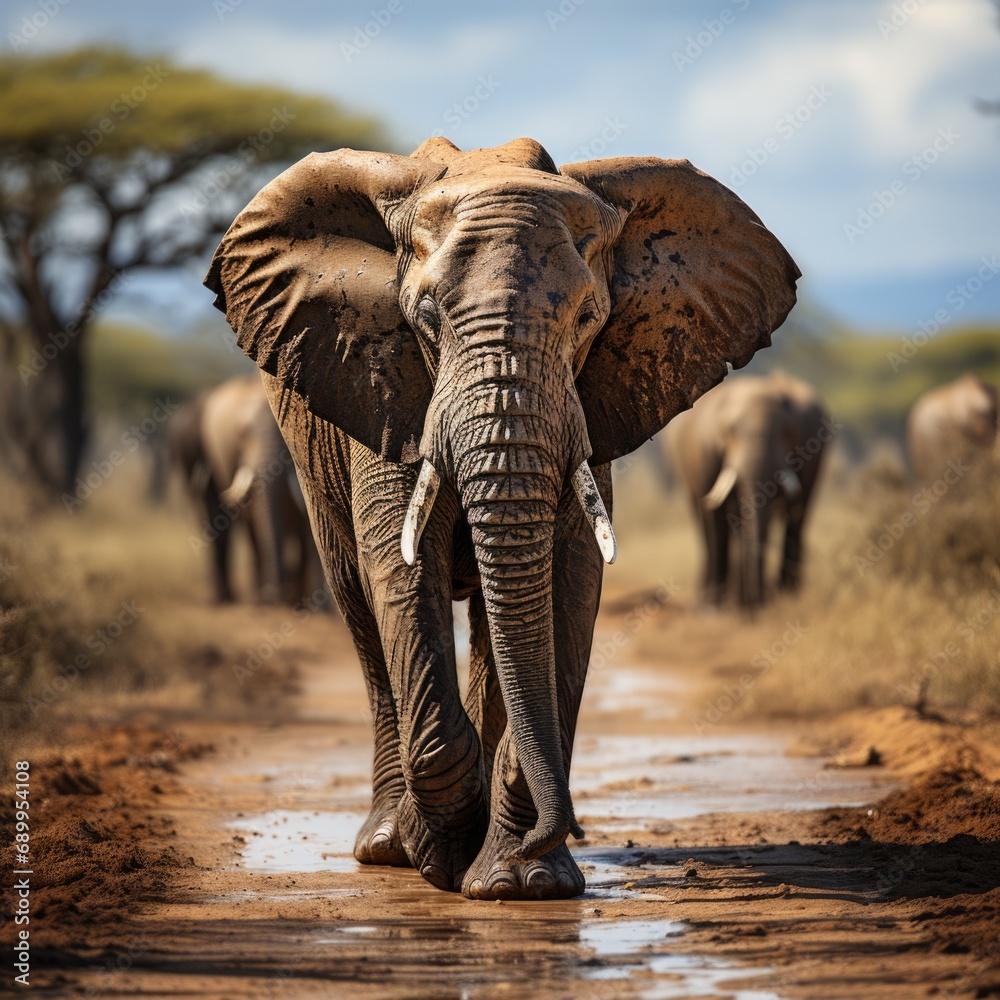 Fototapeta premium Photo of Beautiful Sunset Realistic Elephant in Amboseli National Park Generative AI