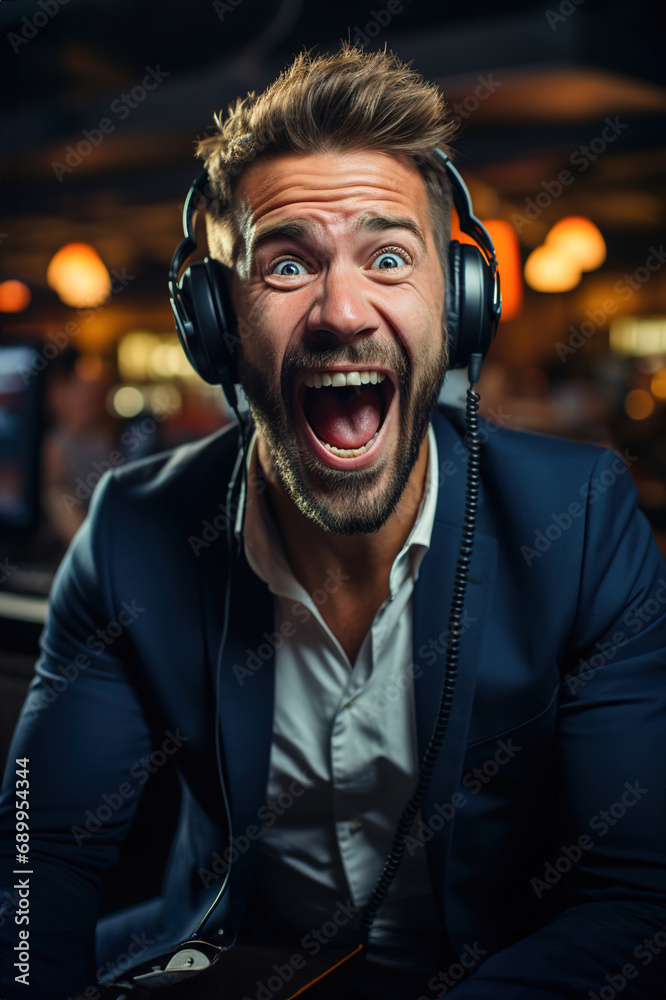 Commentator sitting in front of a laptop wearing headphones and speaks in emotion commentating on a sporting event. Commentator sitting in front of a laptop wearing headphones and speaks in emotion commentating on a sporting event.