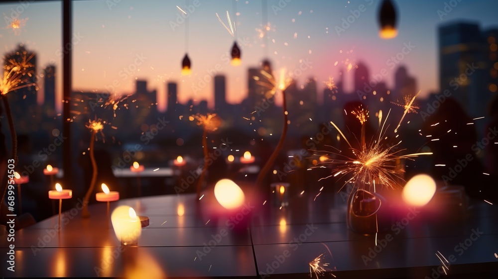 new year celebration with sparklers pyrotechnic light stick defocused lights