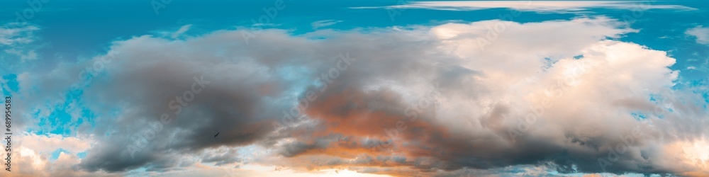 Dramatic sunset sky panorama with bright glowing red pink Cumulus clouds. HDR 360 seamless spherical panorama. Sky dome in 3D, sky replacement for aerial drone panoramas. Weather and climate change.