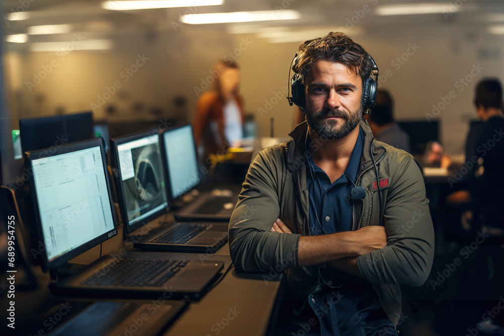 Man wearing headphones in a call center office. Man wearing headphones in a call center office.