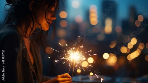 new year celebration with sparklers pyrotechnic light stick defocused lights photo
