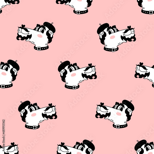 Airedale Seamless Pattern. Funny repeat vector illustration of comic smiling dog with beard mustache and beret in doodle style on pink background