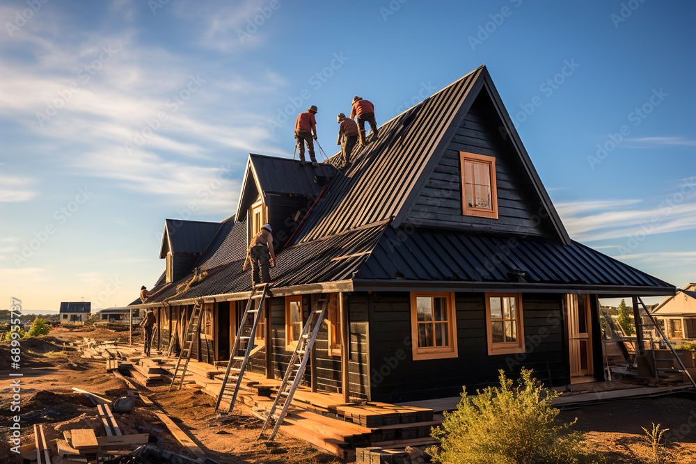 A couple of men working on top of a roof if a house. Repair roof tiles. A couple of men working on top of a roof if a house. Repair roof tiles.