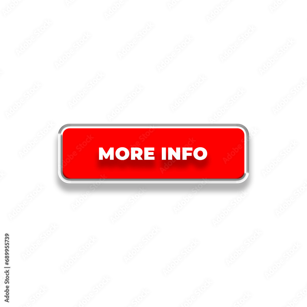 3d More Info web buttons. Set of action button, Online button icons for UI UX website, mobile app. Different gradient colors and icons on rectangular forms with shadows.
