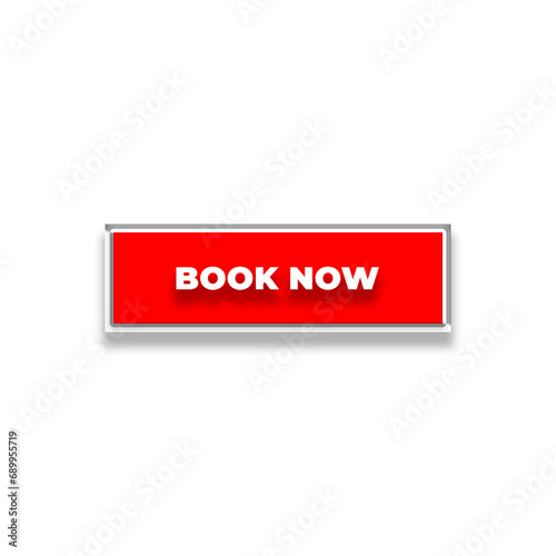 3d Book Now web buttons. Set of action button, Online button icons for UI UX website, mobile app. Different gradient colors and icons on rectangular forms with shadows.