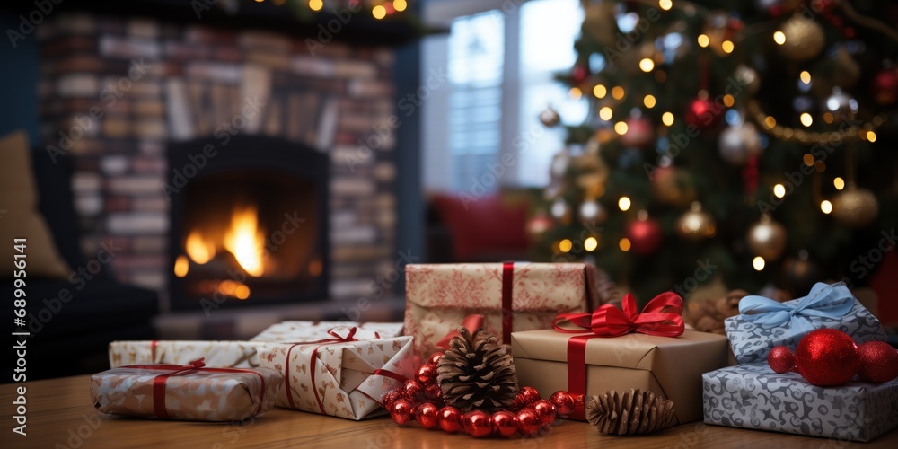 A cozy Christmas scene with elegantly wrapped gifts on a wooden floor, a lit fireplace, and a richly decorated Christmas tree in the background.