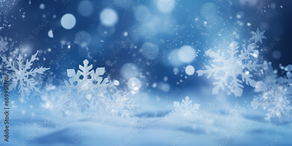 Fototapeta premium Snowflakes of intricate designs grace a blue gradient backdrop, exuding the crisp essence of a frosty winter's night with a soft, ethereal glow.