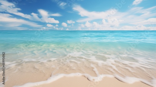 A serene beach scene with crystal clear turquoise waters gently lapping against a soft  sandy shore under a vast  blue sky dotted with wispy clouds.