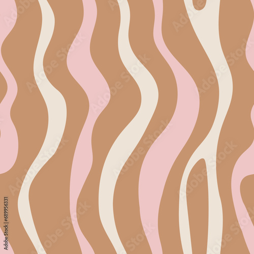 Wavy stripes seamless patterns. Vertical abstract curves endless background with beige and brown colors. Neutral geometric backdrop  fabric  textile