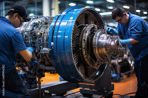 Workers work on an aircraft engine in a plane manufacturing factory.