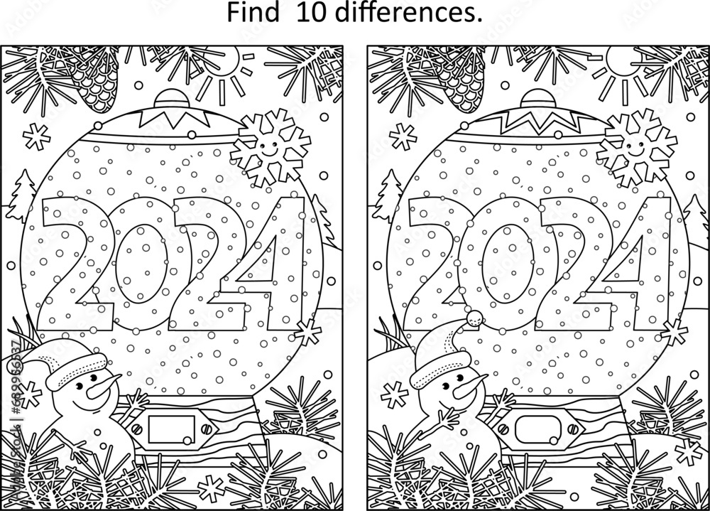 Year 2024 snow globe difference game and coloring page with cute little snowman, cheerful snowflake and outdoor winter scene
