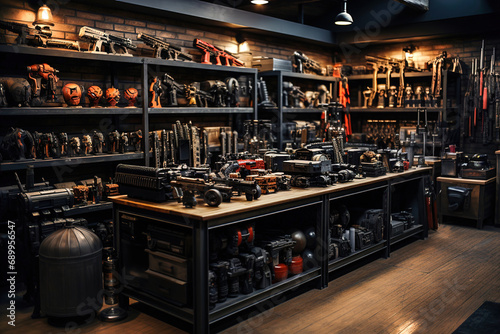 A gun shop with many shelves full of weapons. photo