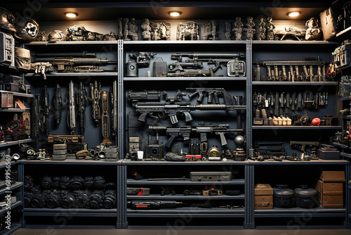 Tableau sur toile A gun shop with many shelves full of weapons.