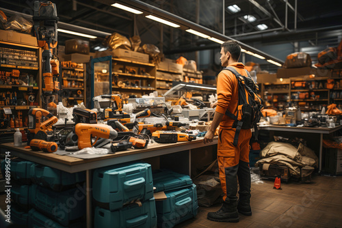 A man standing in front of shelves filled with lots of tools in big construction hypermarket.