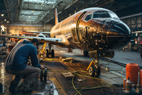 A man working on repairing an airplane in a hangar. Aeronautical engineer next to a plane. photo