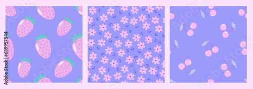 Cute pastel seamless pattern set. Y2k endless backgrounds collection with strawberry, cherry, daisy flowers. Girly repeat vector illustration with gentle pink and purple colors