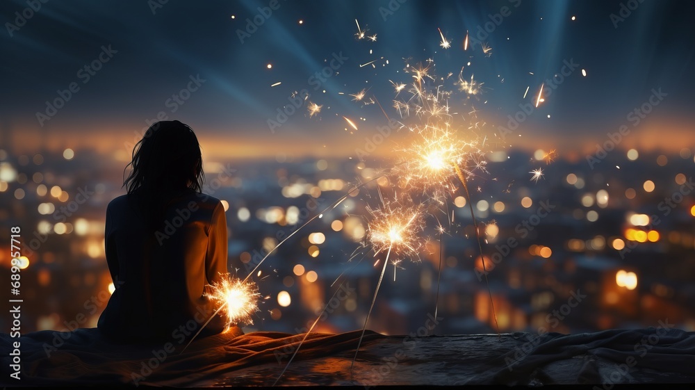 woman celebrating at a festival with fireworks sticks and sparklers