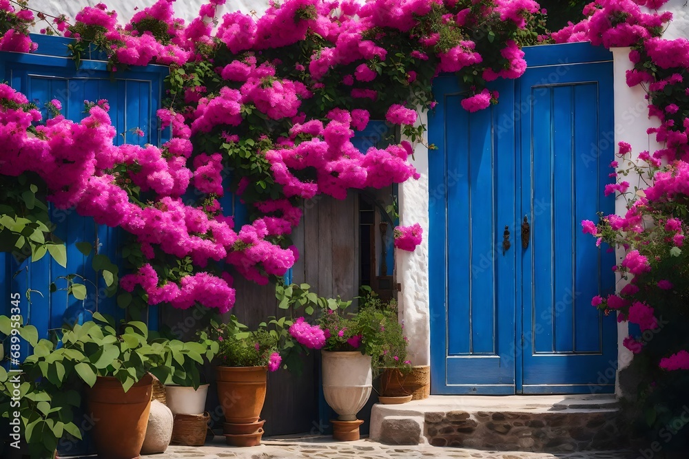 Pink blossoms of bougainvillea and an ancient blue door