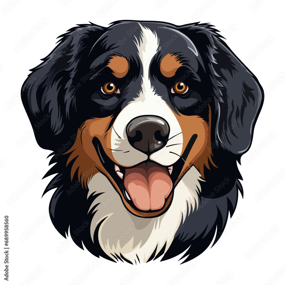 Bernese mountain Dog Portrait Sticker, Dog head mascot logo illustration, Dog character, generative ai
