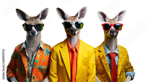 Kangaroo Fashion Parade : A Group of Stylish Marsupials Showcasing Vibrant and Fashionable Outfits, Perfect for Isolated Advertisement in PNG