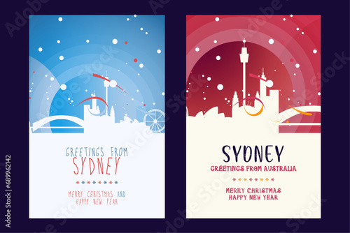 Sydney city poster with Christmas skyline, cityscape, landmarks. Winter Australia megapolis town holiday, New Year vertical vector layout for brochure, website, flyer, leaflet, card