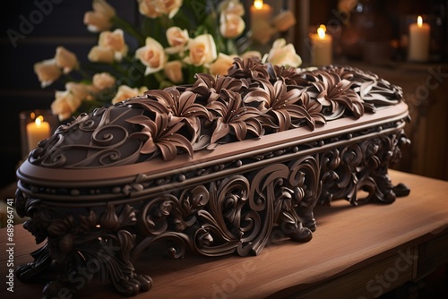 Funeral casket with flowers on dark background