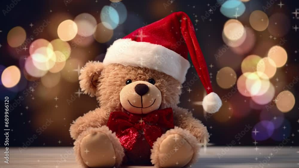Dolly shot: Bear wearing Christmas Santa Claus costume Dolly shot: Bear wearing Christmas Santa Claus costume