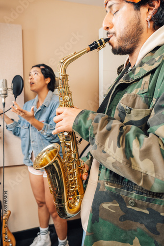 Jazz music group recording a new album in studio