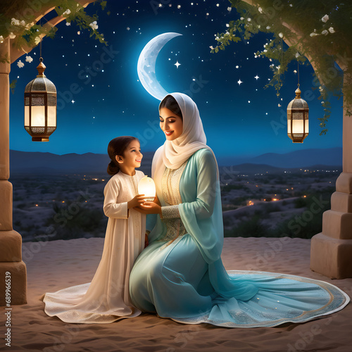 Adorable mother and daughter celebrating a Ramadan