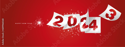 Happy new year 2024 and the end of 2023. Winter holiday greeting card design template on red background. New year 2024 and the end of 2023 on red white calendar sheets and sparkle firework