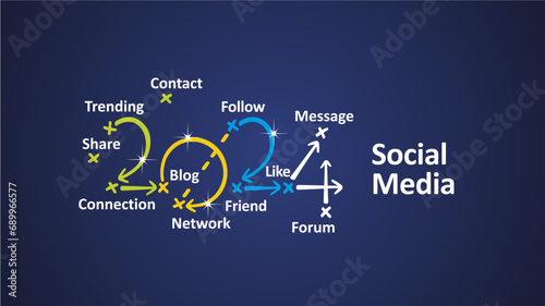 Social Media 2024 new year word cloud text with handwritten colorful strategy arrows in shape of 2024 on board. New Year white blue background vector