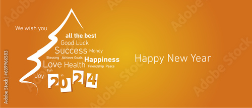 Happy New Year 2024 eve white negative space numbers abstract christmas tree word cloud orange yellow background vector greeting card