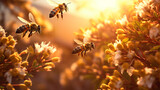 swarm of honey bees flying in the yellow flower garden