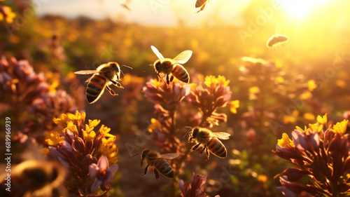 swarm of honey bees flying in the yellow flower garden