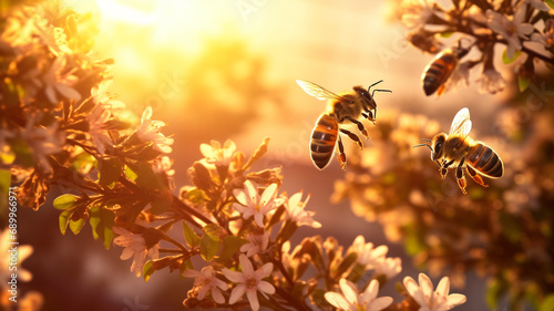 swarm of honey bees flying in the yellow flower garden © Yuwarin