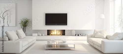 Sleek, white living space with fireplace, tv, table, and sofas.