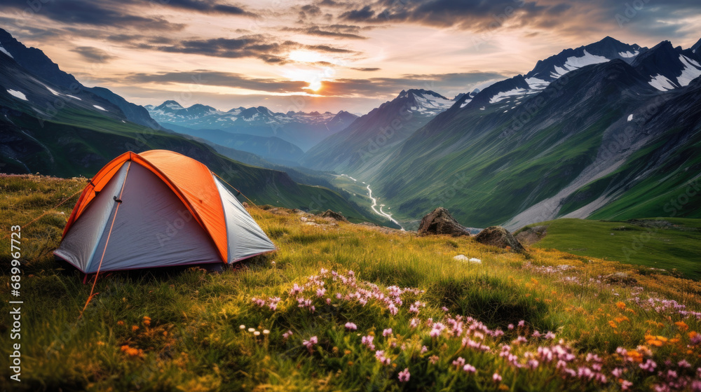 Lonely camping tent in the mountains in the summer