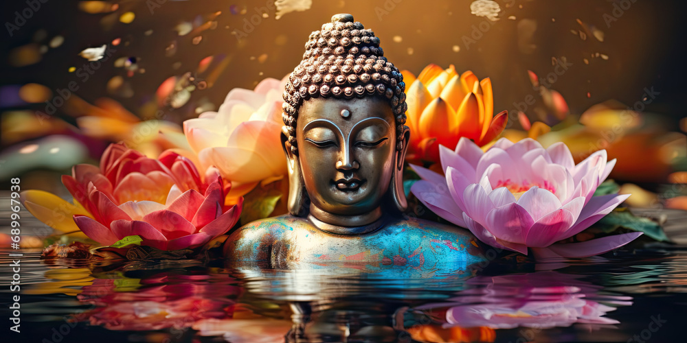 glowing silver buddha and Colorful Lotuses Floral Fusion