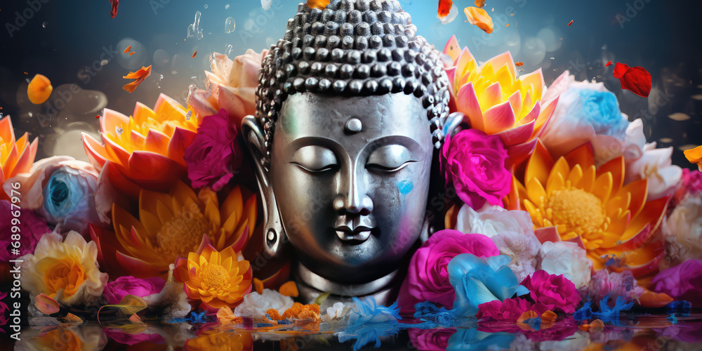 glowing silver buddha and Colorful Lotuses Floral Fusion