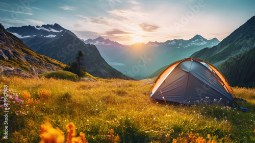 Lonely camping tent in the mountains in the summer