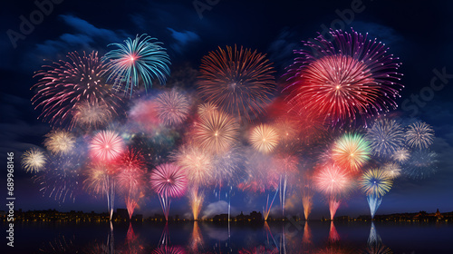 Beautiful bright fireworks lighting up night sky. Bokeh effect, Happy newe year photo
