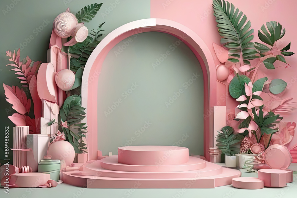 Set of pink and white 3D background with products podium arch shape and green lea - obrazy, fototapety, plakaty 