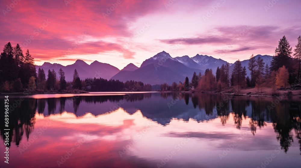 A serene lake nestled at the base of majestic mountains, the sky aglow with the soft hues of a twilight sunrise, reflections of the mountains and sky mirrored in the calm water
