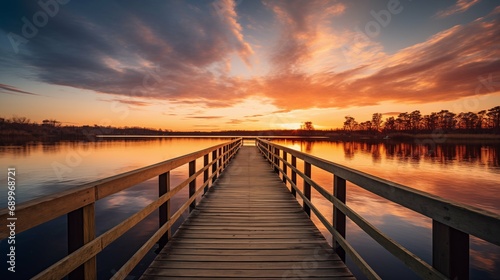 A serene sunset over a calm lake with a small wooden dock