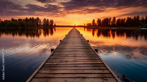 a wooden bridge spanning across a tranquil lake at sunset  warm colors reflecting on the water s surface  the bridge s planks casting long shadows